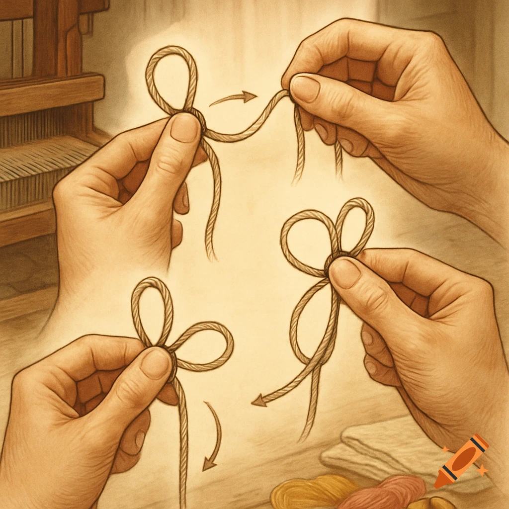An illustrative step-by-step guide showing hands tying a complex knot with a rope, set against a sepia-toned background with a loom visible.