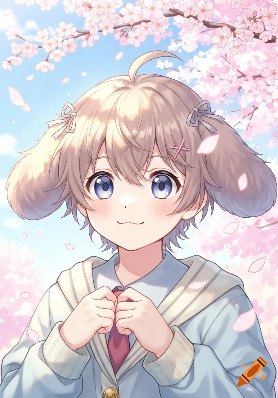 A cute anime puppy boy with light hair and fluffy ears, wearing a school uniform, smiles under blooming pink cherry blossoms.