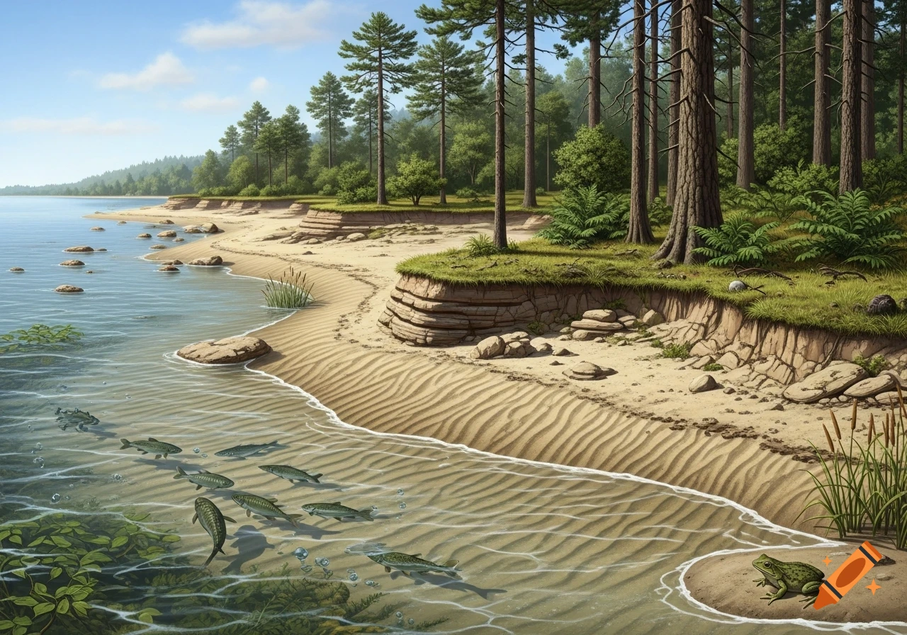 Realistic illustration of a prehistoric beach with pine trees, shallow water revealing fish, and a frog on the sandy shore under a clear sky.
