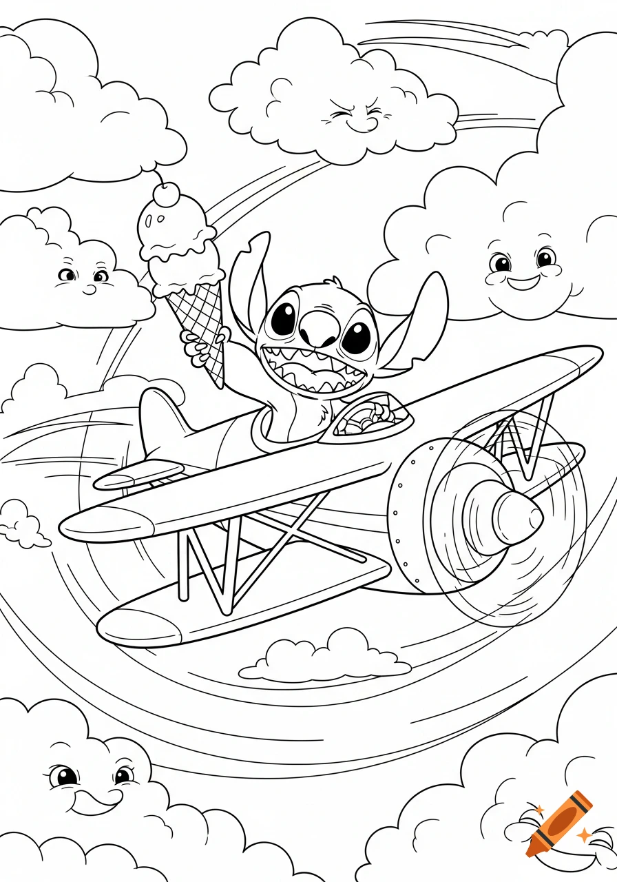 Stitch flying a biplane with an ice cream cone, surrounded by smiling clouds in a black and white coloring page style.