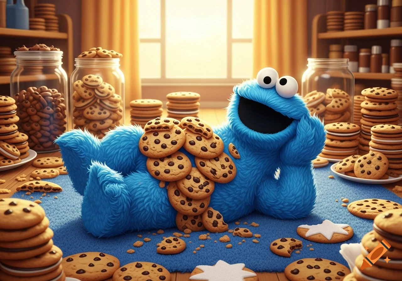 Blue Cookie Monster lies passed out on a rug, covered in chocolate chip cookies, surrounded by many more cookies in jars and stacks.