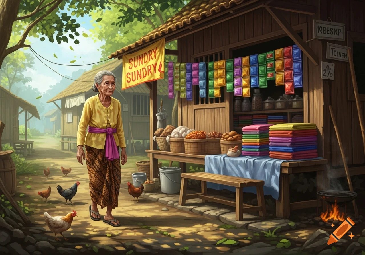 An old Indonesian woman walks past a rural sundry shop with colorful goods and chickens under lush trees in a vibrant illustration.
