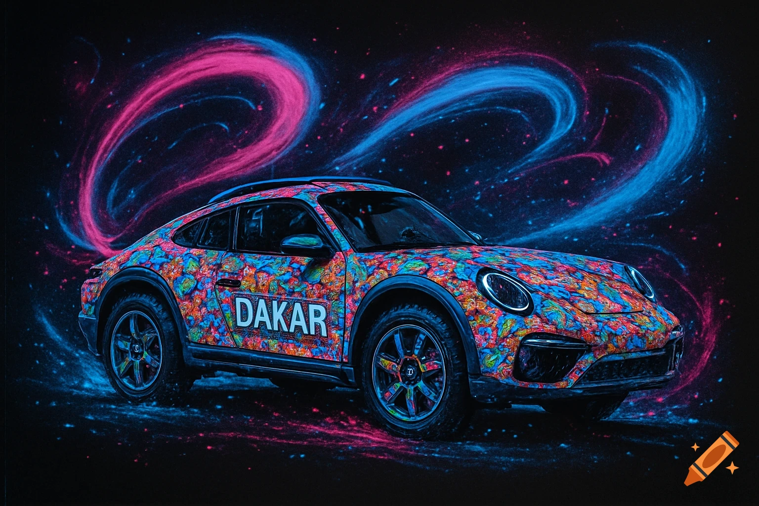 A vibrant Porsche 911 Dakar with a colorful sticker bomb pattern and "DAKAR" text, set against a black background with neon pink and blue cosmic swirls and stars.