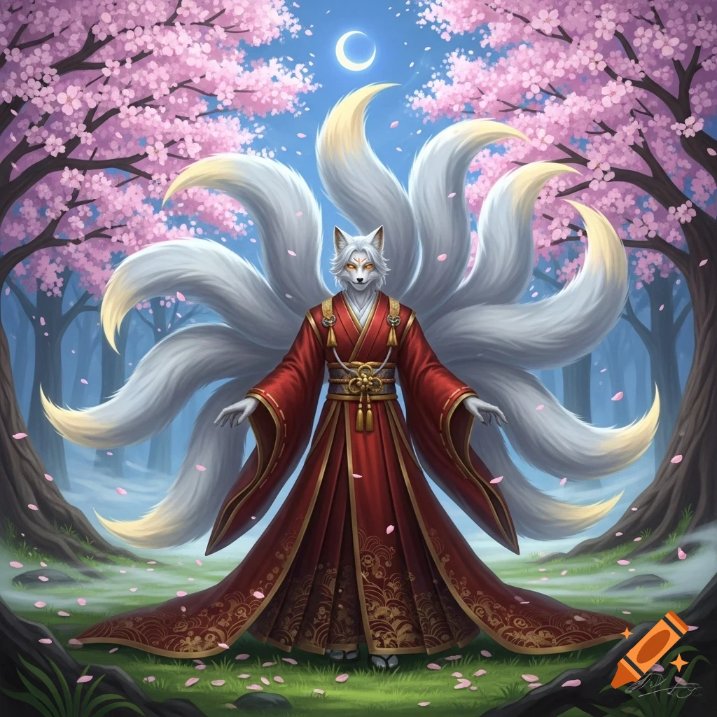 A majestic white-furred, nine-tailed kitsune in a red kimono stands under cherry blossom trees with a crescent moon in a fantasy illustration.