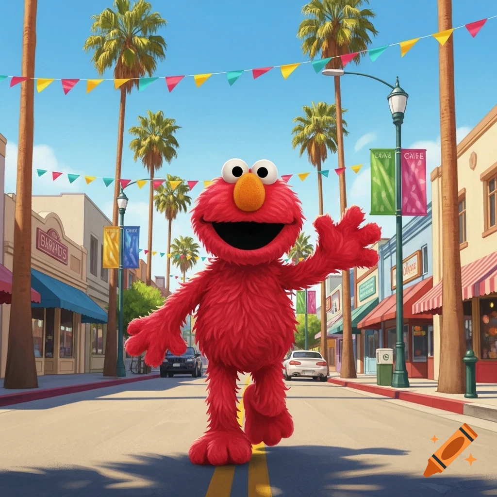 Elmo walks down a sunny, decorated street lined with buildings and palm trees, waving to the viewer.