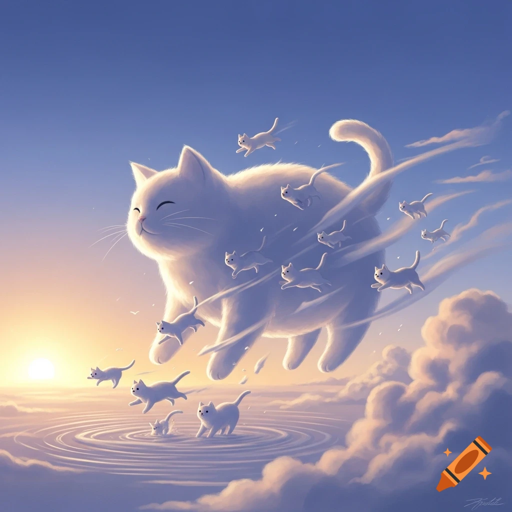 A giant fluffy white cat-shaped cloud floats in a sunny blue sky, releasing smaller white cloud-kittens that splash into a rippling cloud-pond below.