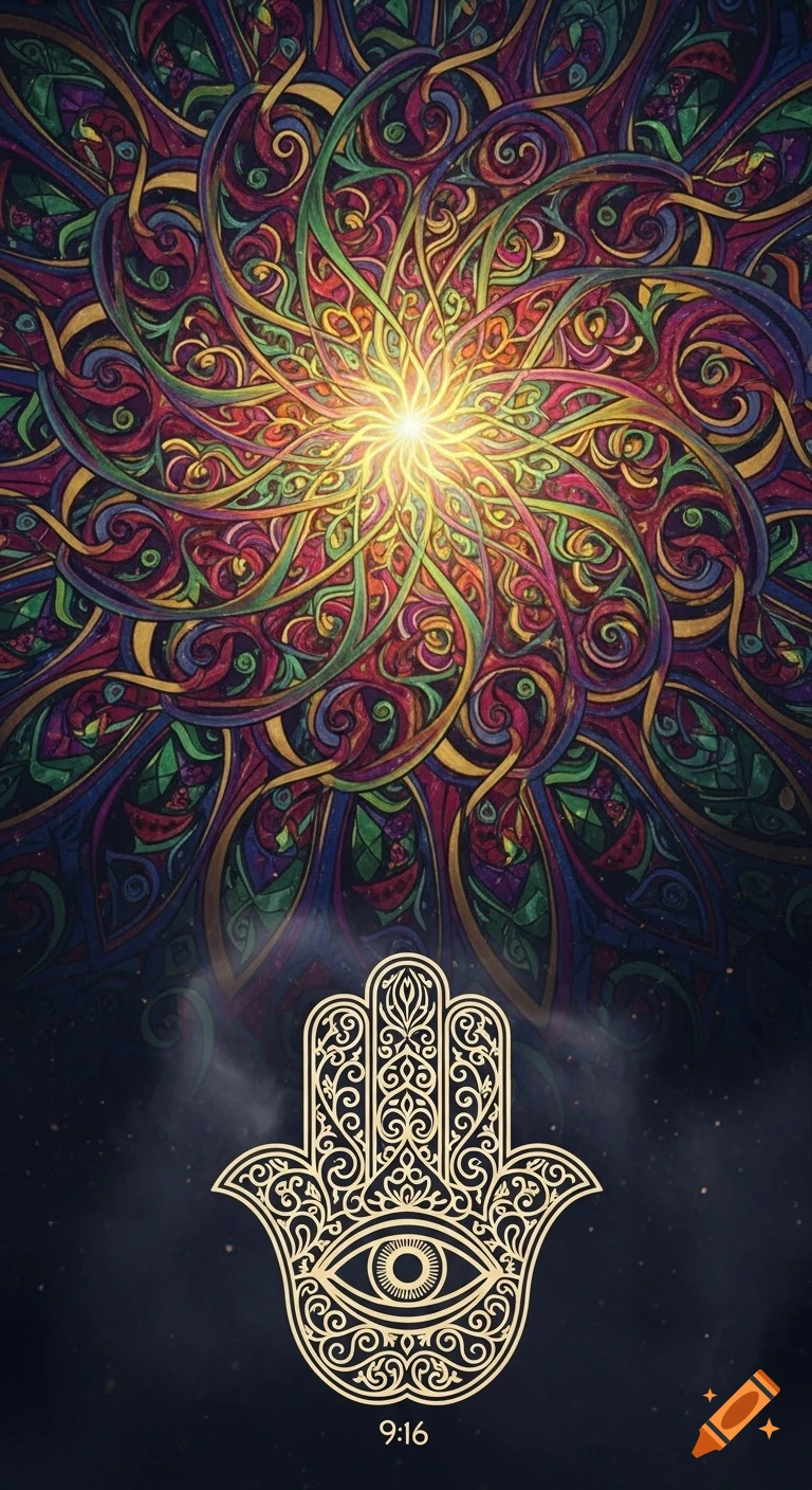 A golden Hamsa hand with an eye on a dark, starry background, below a vibrant, colorful mandala pattern with a bright center.