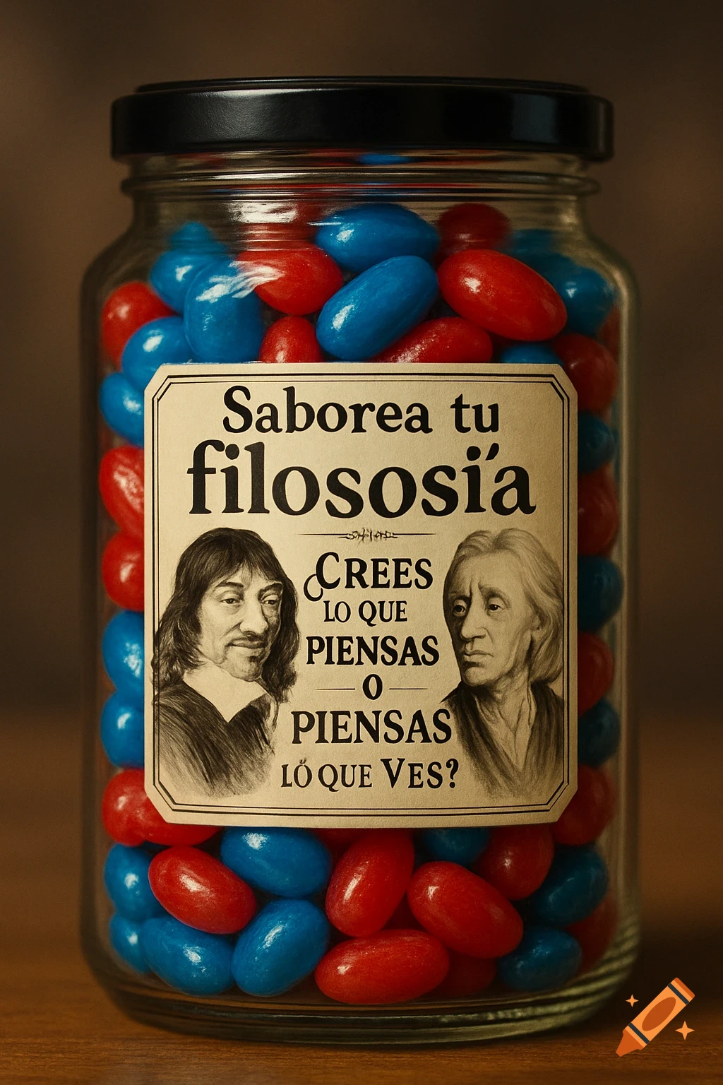A glass jar filled with red and blue jelly beans, with a label featuring portraits of René Descartes and John Locke and Spanish text about philosophy.