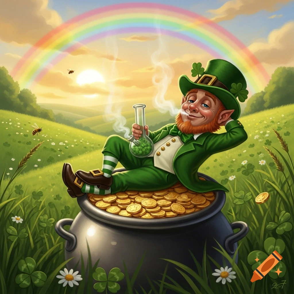 An illustrative leprechaun reclines on a pot of gold, smoking a cannabis bong in a sunny, green field under a rainbow.