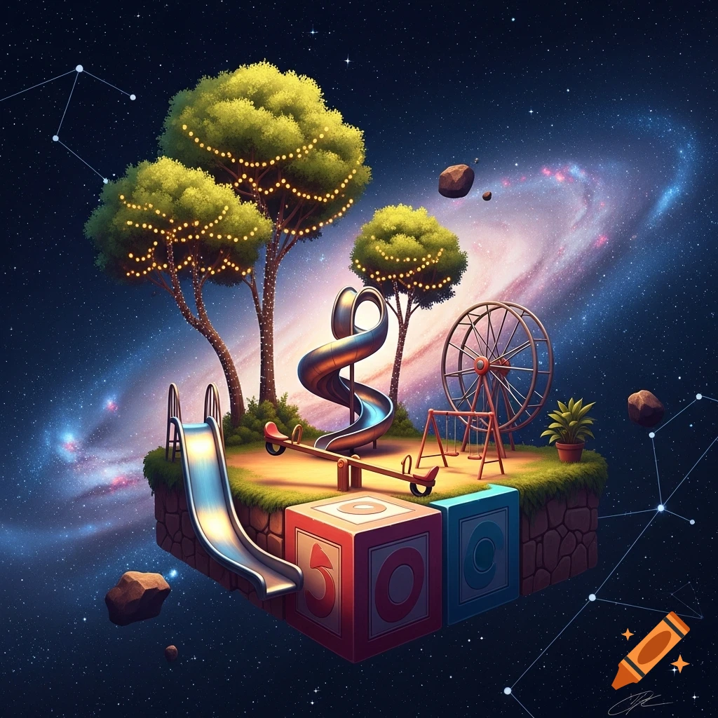 A whimsical playground on a floating block in space, featuring slides, a seesaw, a Ferris wheel, and trees with lights, against a galaxy backdrop.
