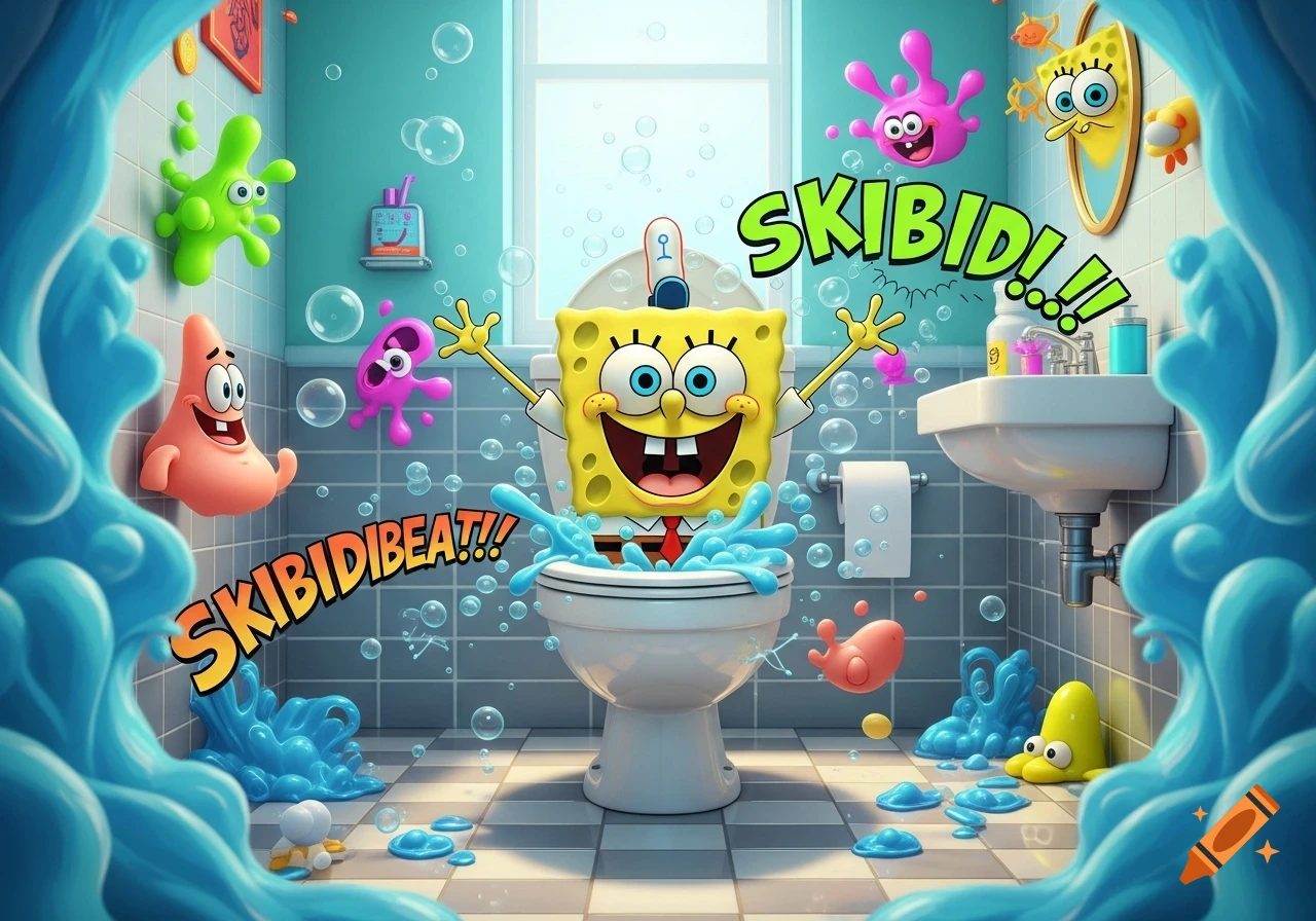 Spongebob's head emerging from a toilet, splashing water and surrounded by other cartoon characters and text 'SKIBIDIBEAT!!' and 'SKIBID!!!' in a cartoon bathroom.