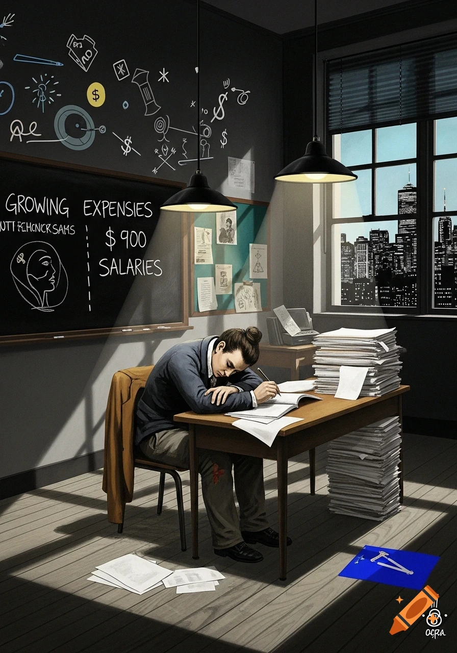 A tired person with their head on a desk, writing, surrounded by papers and a blackboard with financial notes, overlooking a city skyline. Stylized illustration.