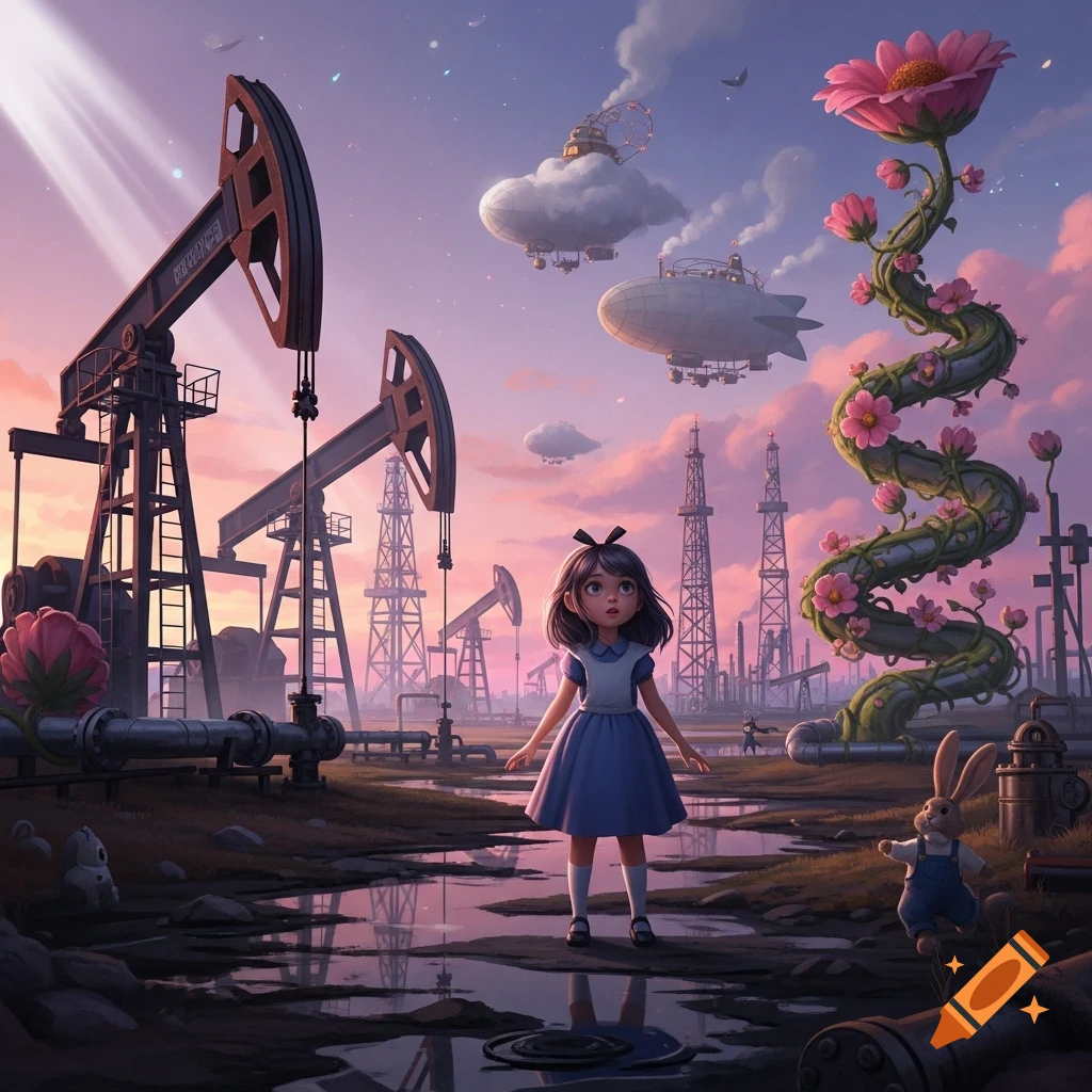 An Alice-like girl in a blue dress stands in a muddy oilfield with industrial pumps, a giant flowering vine and a rabbit nearby. Digital art.