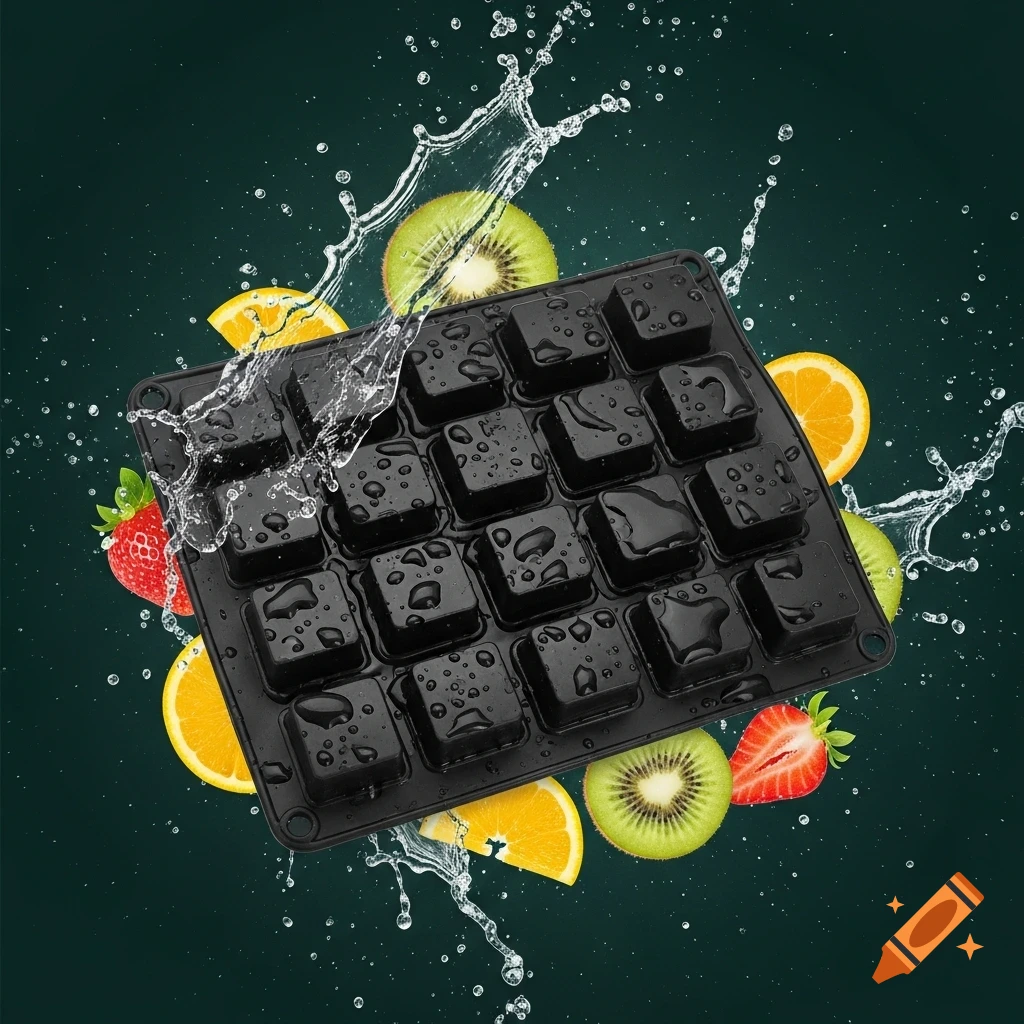 Black ice cube tray with water splashes and fruit slices, including kiwi, orange, and strawberry, on a dark green background.