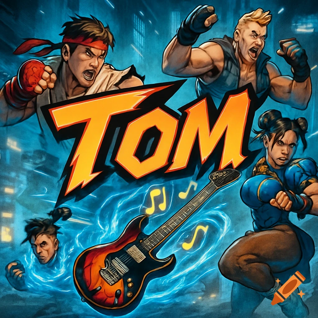 Comic book style illustration of Street Fighter characters (Ryu, Guile, Chun-Li) and another fighter surrounding a guitar, with "TOM" in bold text.
