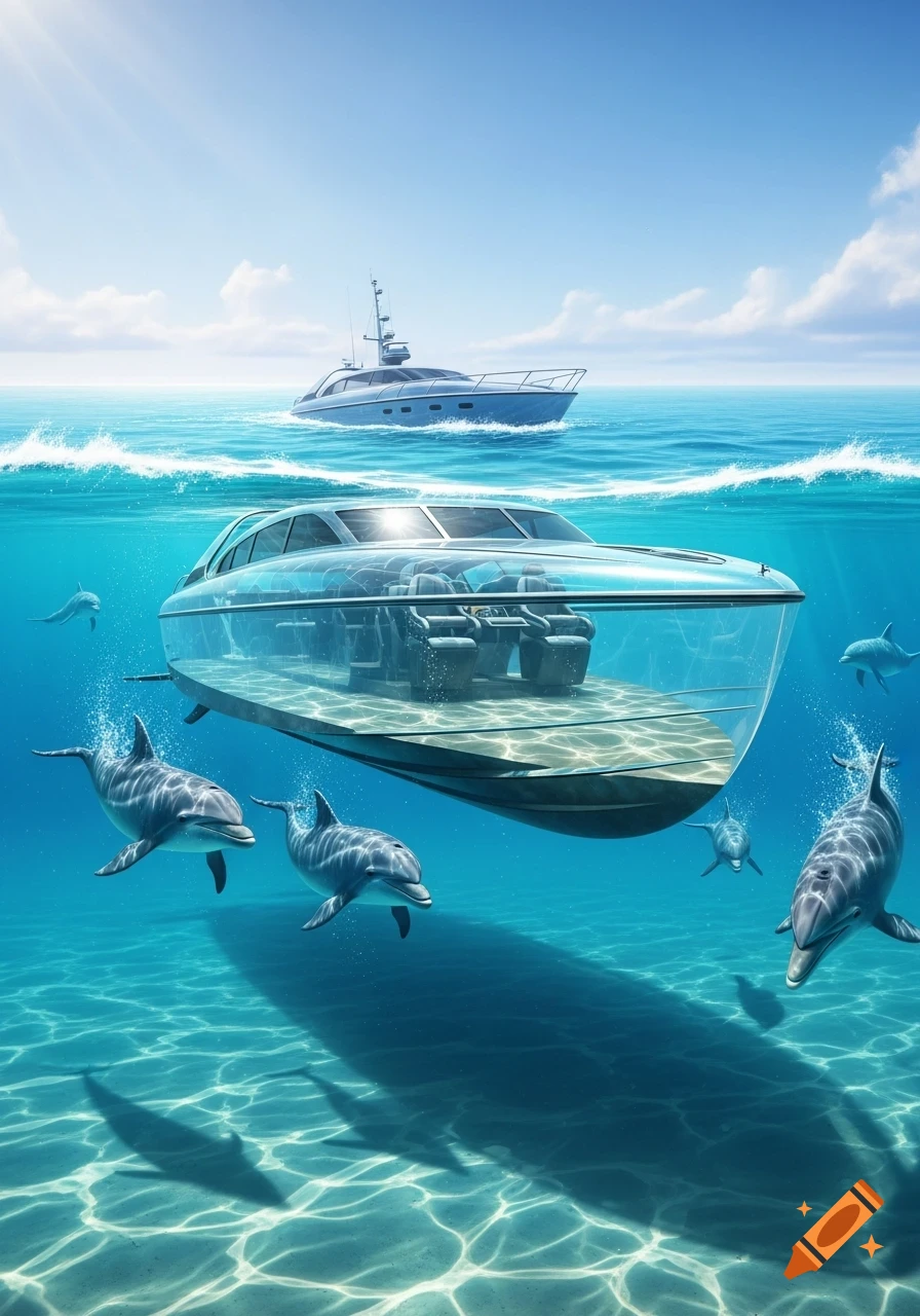 A transparent-hulled boat underwater surrounded by dolphins, with a yacht sailing on the blue ocean surface above.
