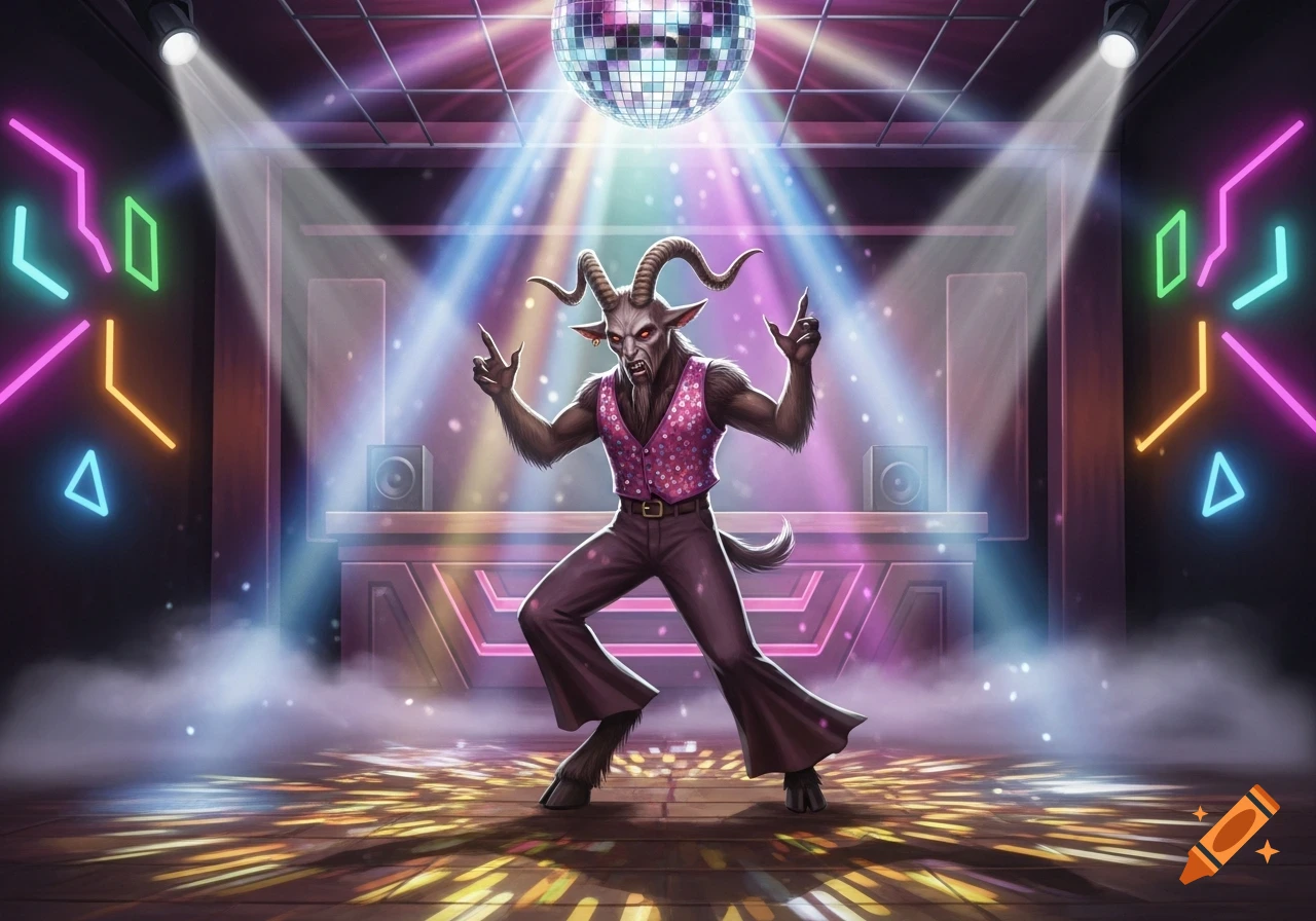 A horned, goat-like creature in a pink sequin vest and bell-bottoms disco dancing under a glitter ball and neon lights.