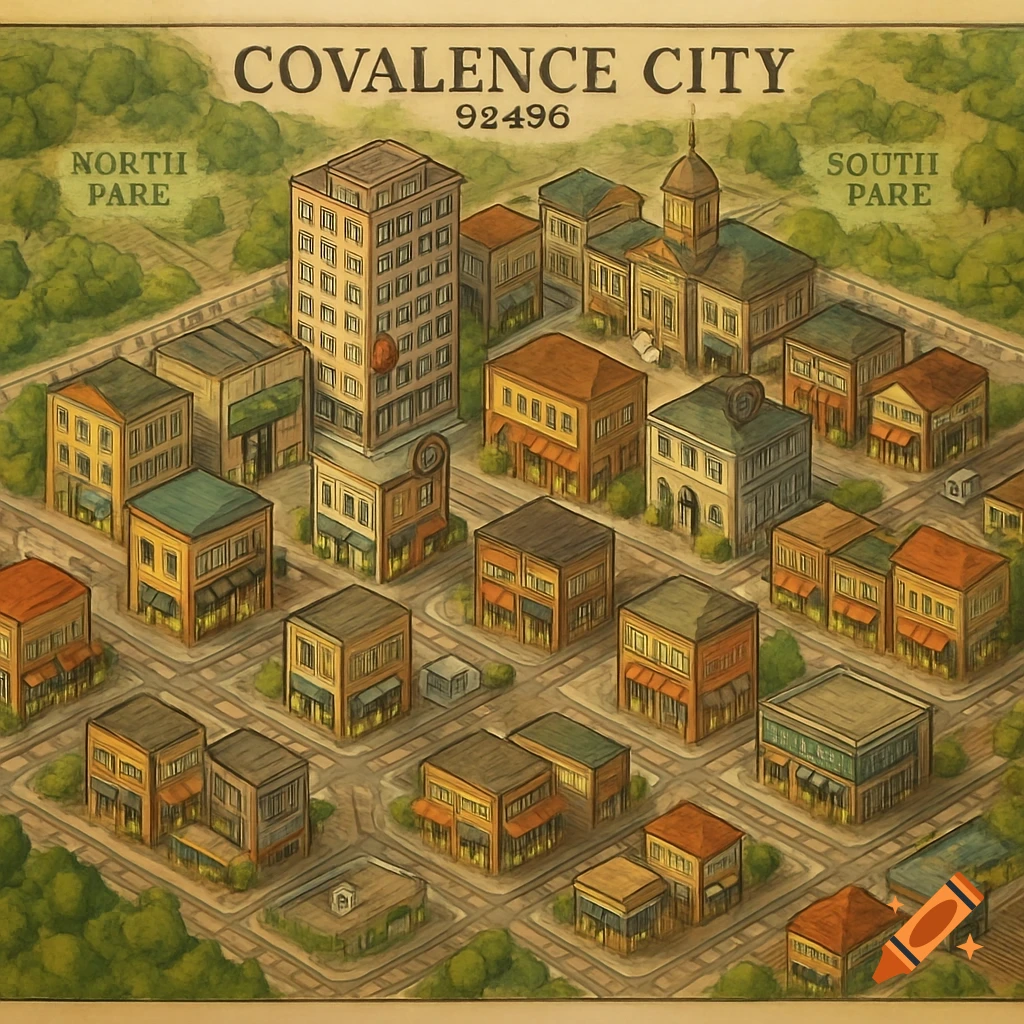 An isometric map of "Covalence City" with numerous buildings, streets, and green spaces, labeled with a zip code and misspelled north and south section names.