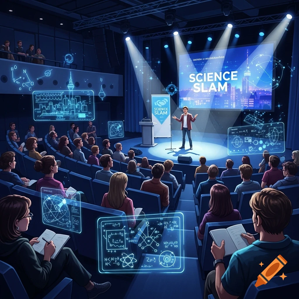 A man speaks on a stage during a Science Slam event, illuminated by spotlights, to an audience in a dark auditorium with futuristic holographic displays.