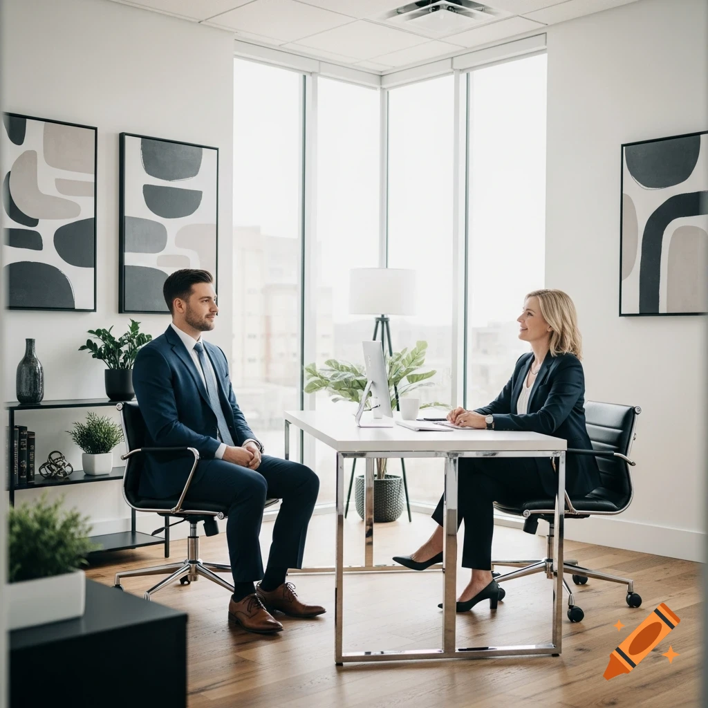 Two business professionals in a bright modern office, seated at a desk, engaged in a job interview.