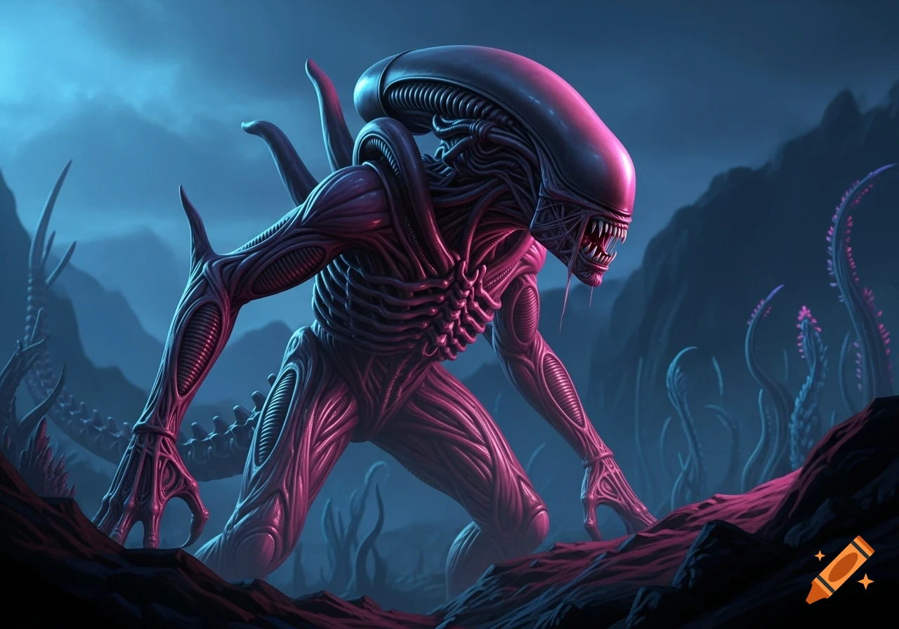 A weird pink Xenomorph creature crouches in a dark, blue-lit alien landscape with glowing plants.