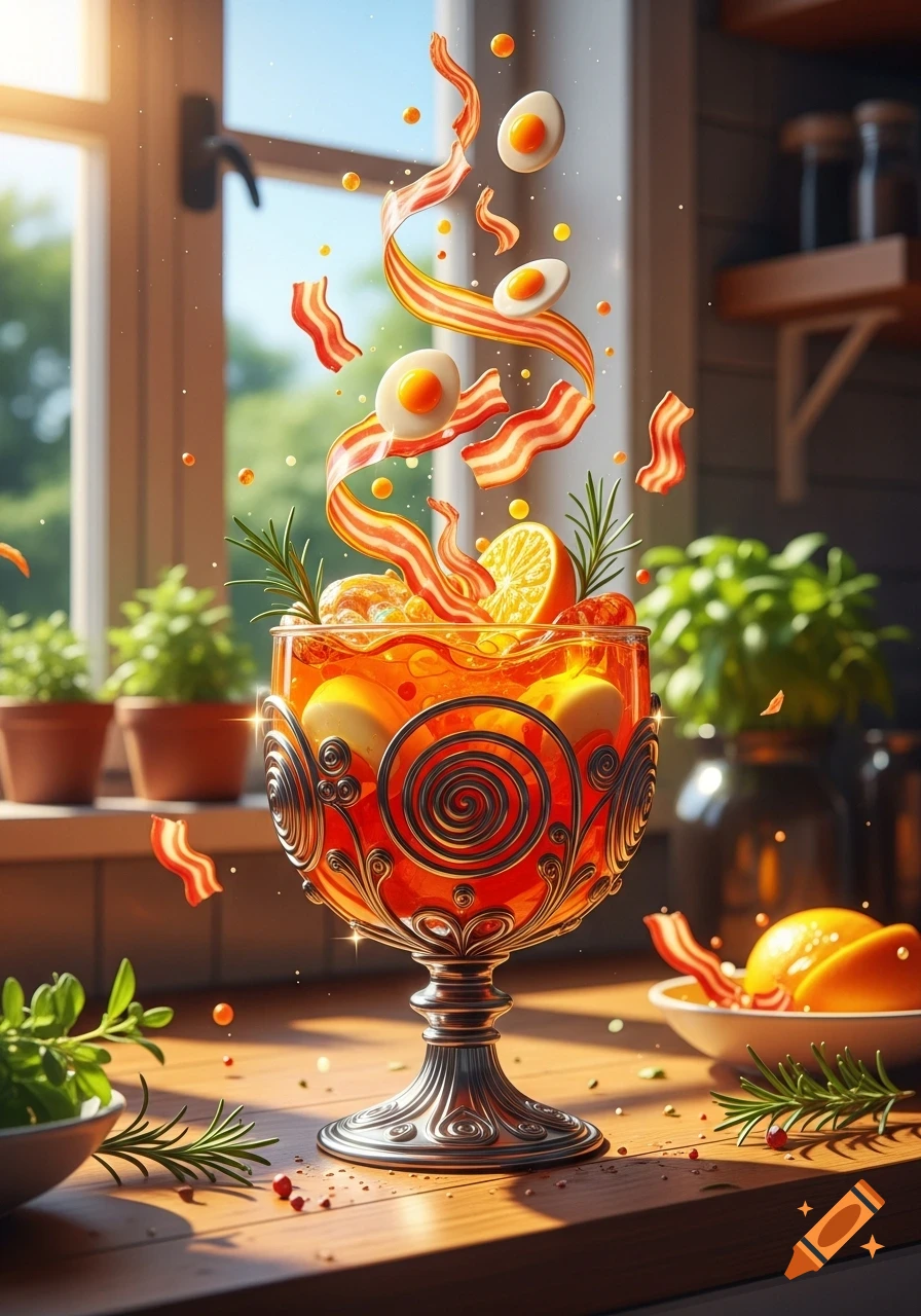 A decorative goblet filled with orange liquid, citrus slices, and herbs, with bacon strips and fried eggs spiraling and floating above it in a sunny kitchen.