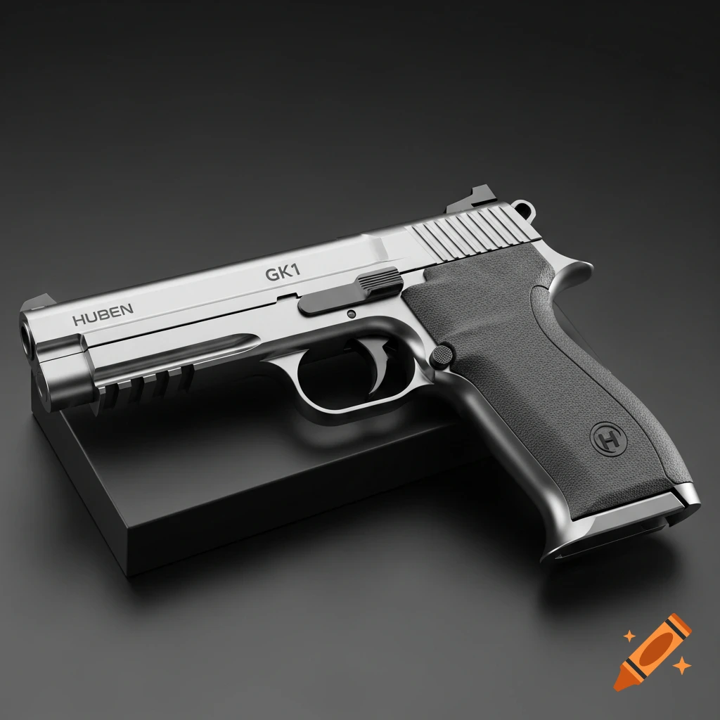 Photorealistic high-resolution image of a silver Huben GK1 Mini air pistol on a matte black carbon surface.