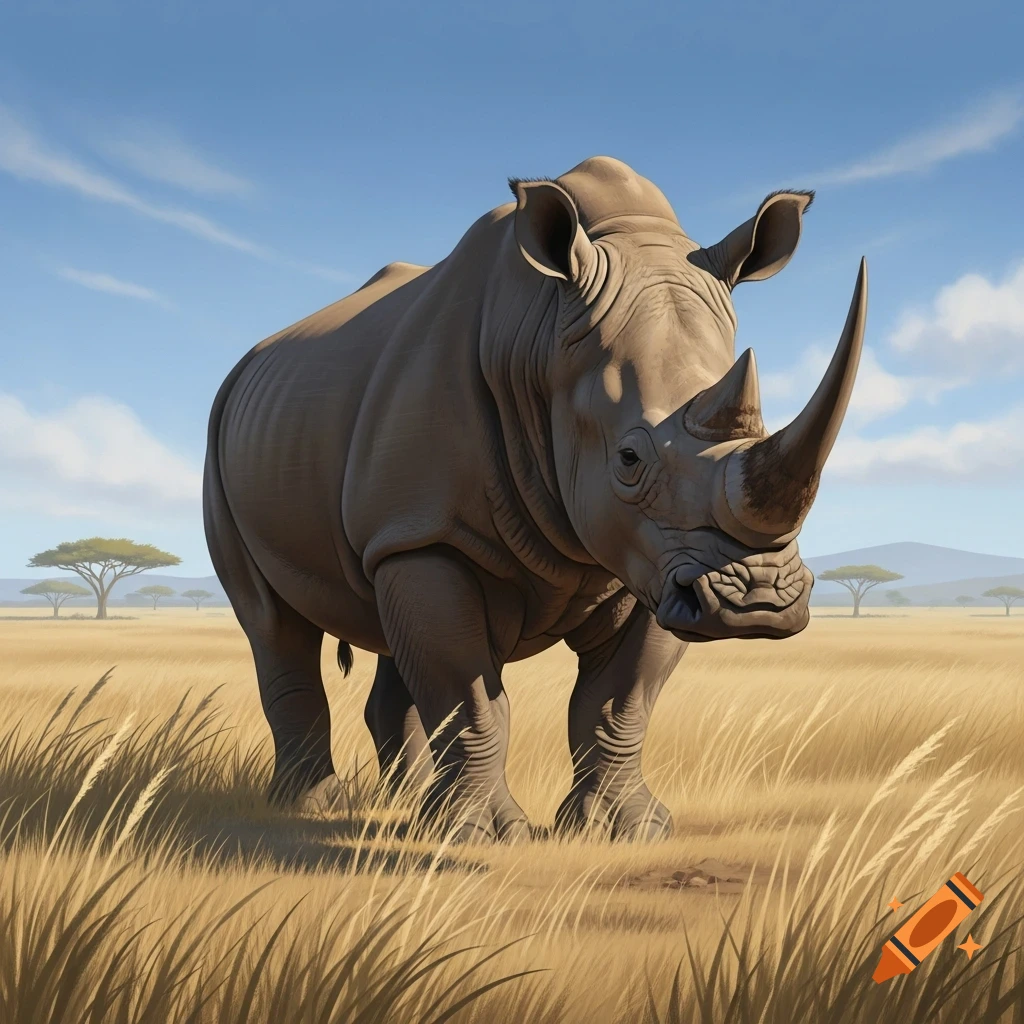 Photorealistic rhinoceros standing in a golden savanna with acacia trees under a blue sky.
