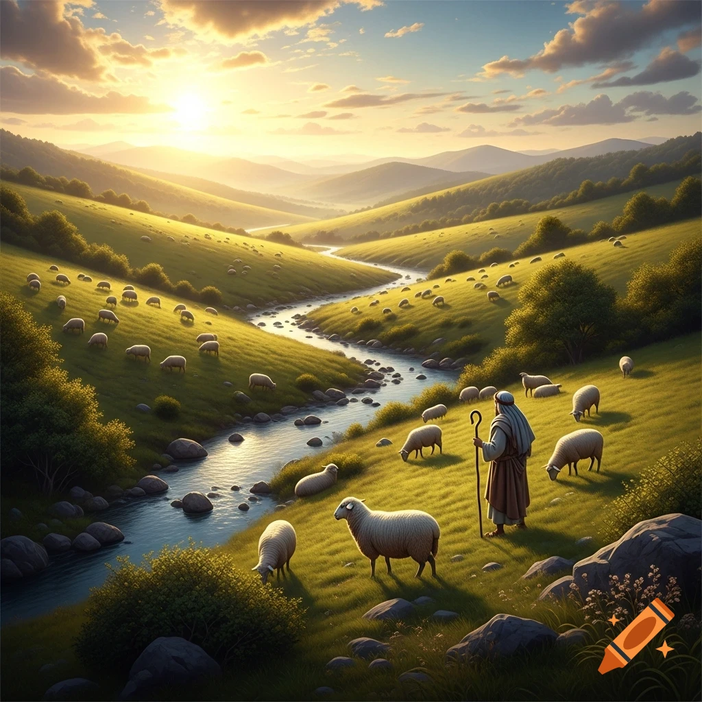 A shepherd tends his flock of sheep in a sun-drenched green valley with a winding river and distant mountains at sunrise.