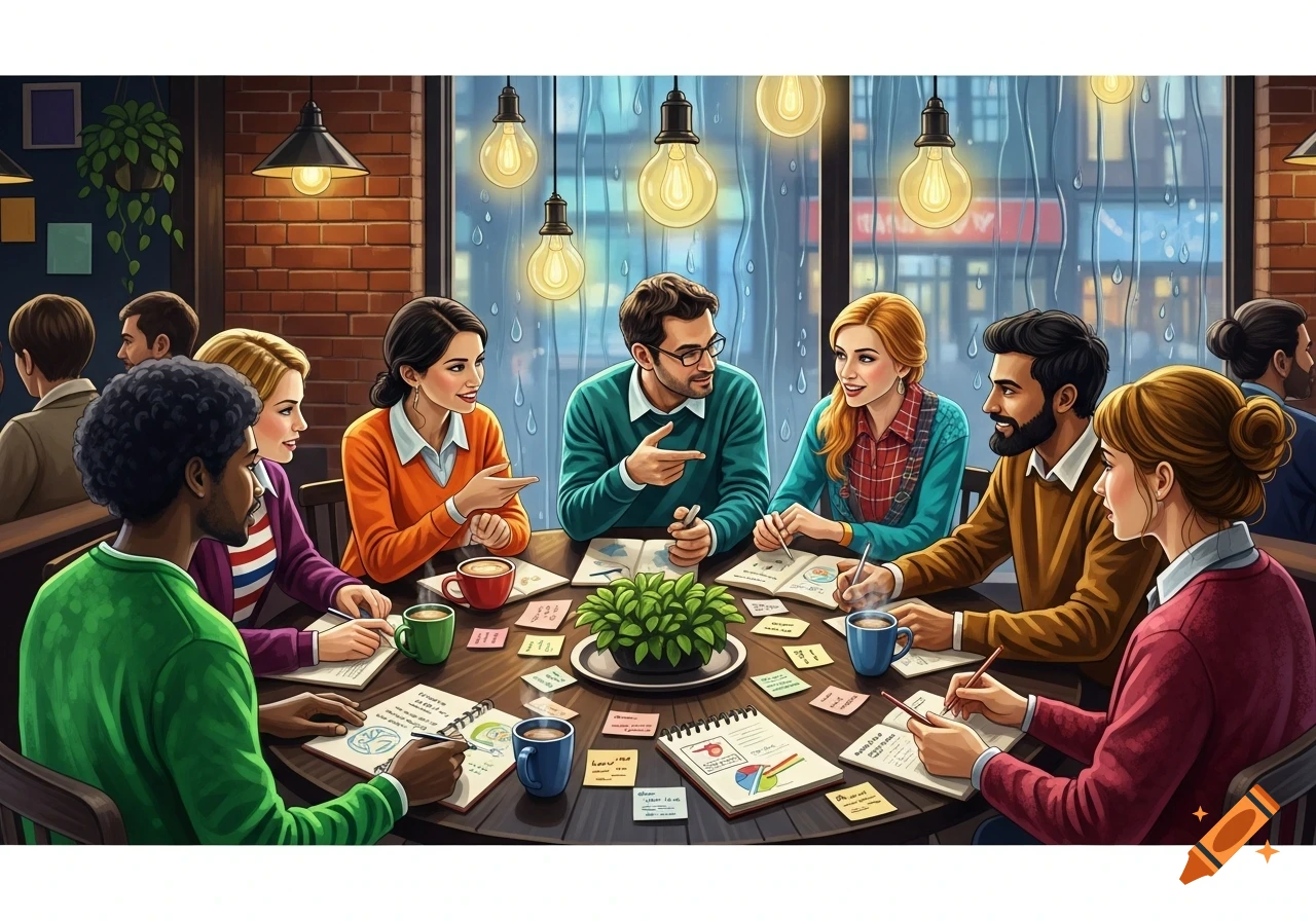 An illustration of a diverse group of people meeting around a table in a cafe, taking notes and discussing.