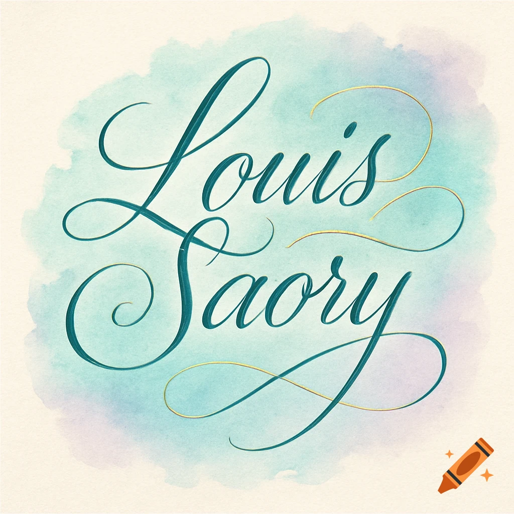 Elegant teal calligraphy spelling 'Louis Saory' with gold accents on a soft watercolor background.