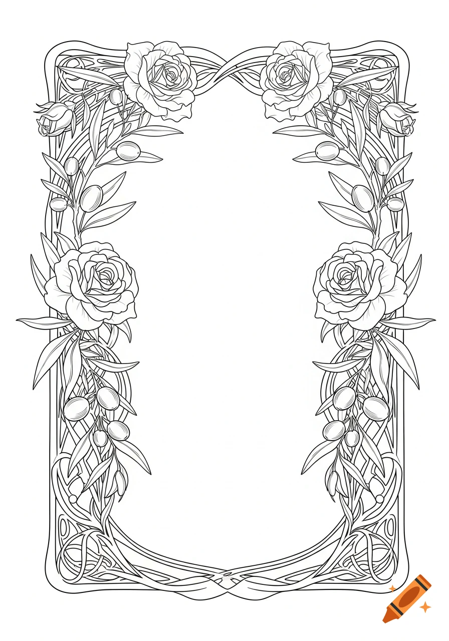 Art Nouveau style line art frame with detailed roses, rosebuds, leaves, and olive branches on a white background.