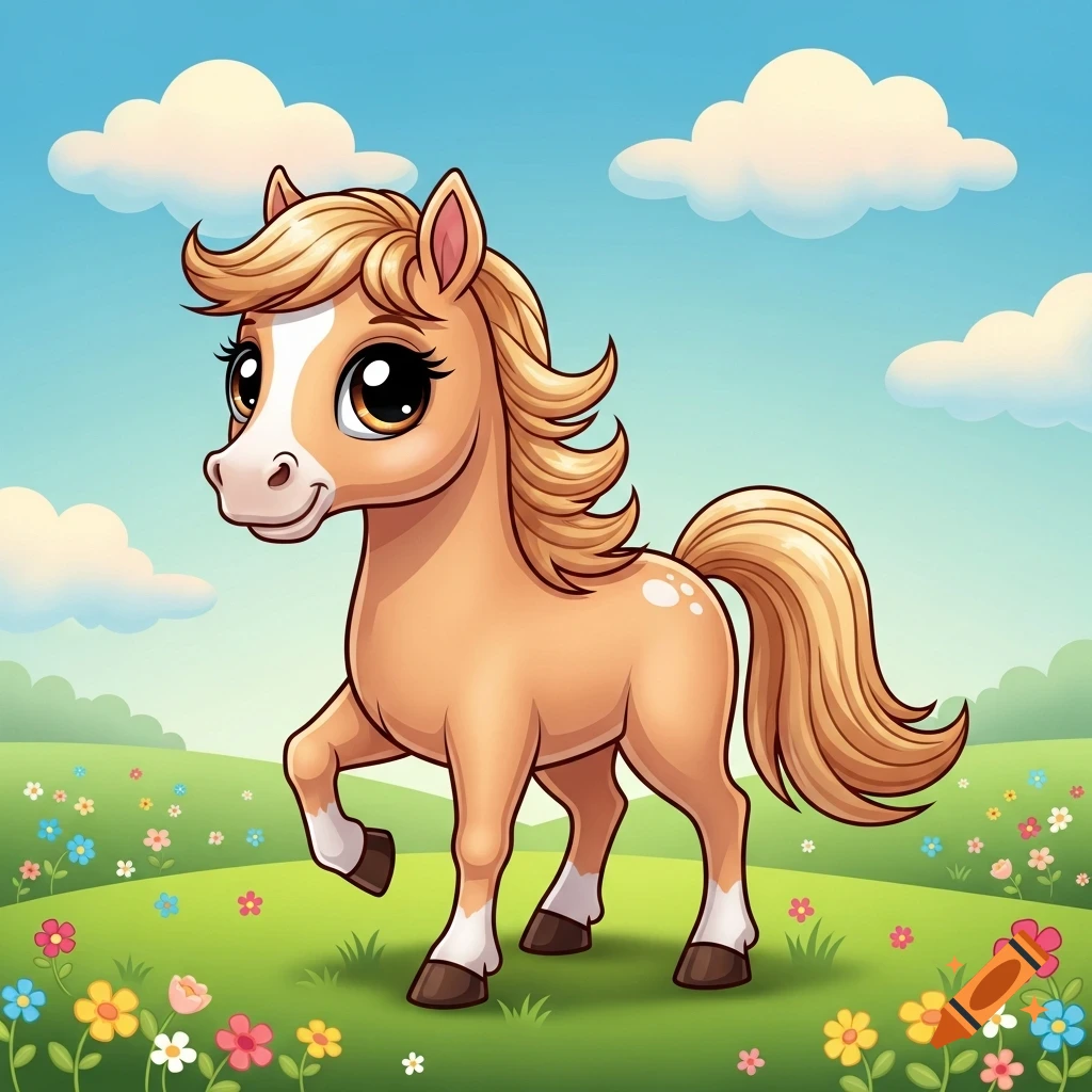 Cute cartoon horse with a light brown coat and blonde mane standing in a green field with colorful flowers under a blue sky.
