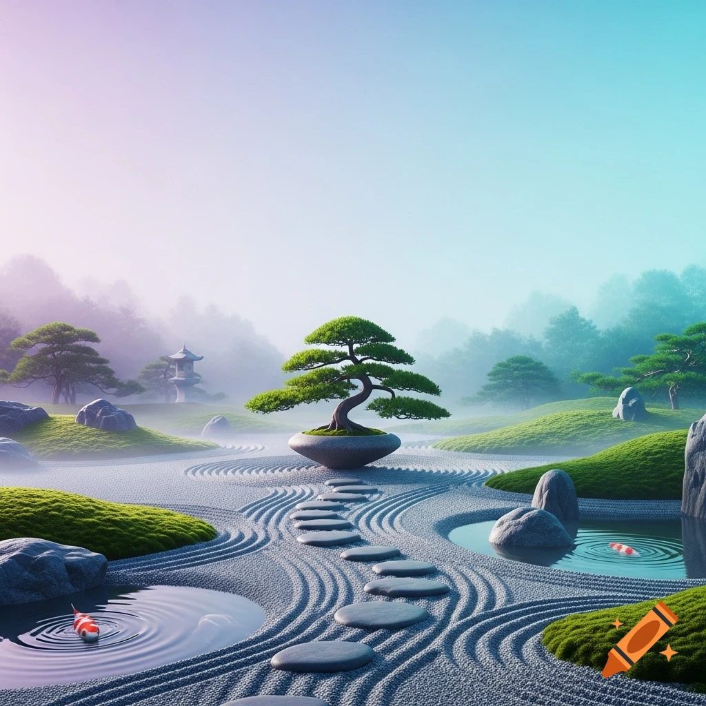 A serene Japanese Zen garden with a floating bonsai, raked gravel paths, stepping stones, ponds with koi fish, and misty mountains.