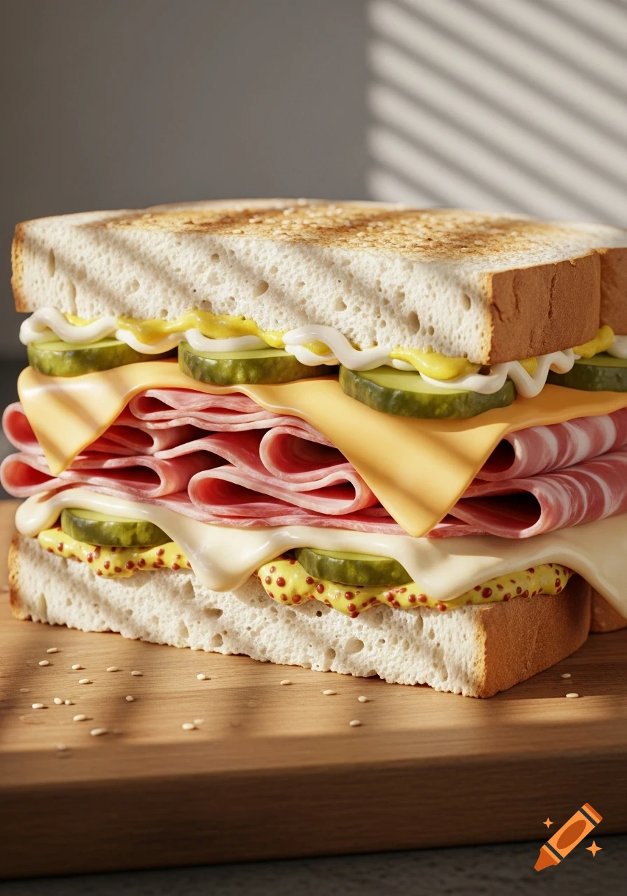 Photorealistic close-up of a tall sandwich with toasted white bread, ham, cheese, pickles, mayo, and mustard.