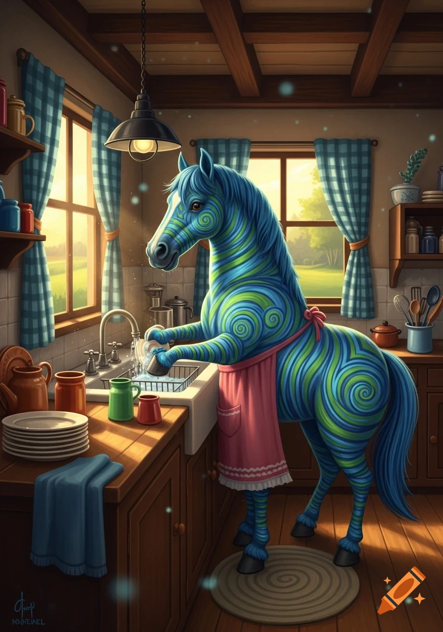 A fantasy illustration of a blue and green patterned horse in a pink apron washing dishes in a sunlit kitchen.