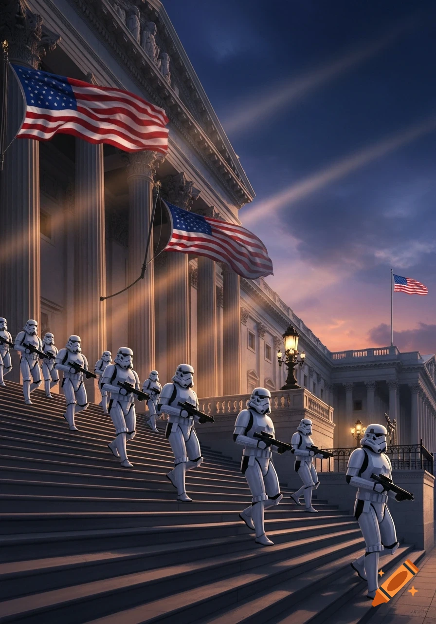 Photorealistic image of Stormtroopers marching down the steps of a grand building resembling the US Capitol, with American flags flying at sunset.