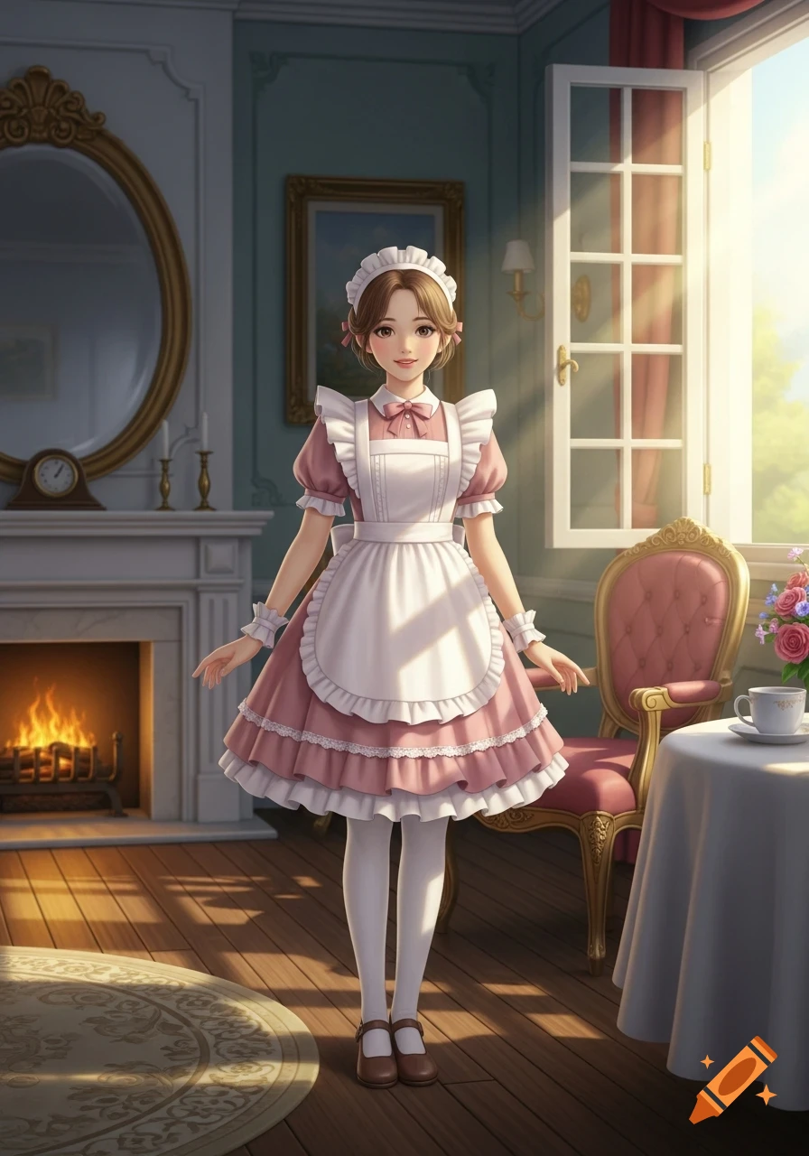 A cute anime maid in a pink and white uniform stands in an ornate room with a fireplace and sunlit window.