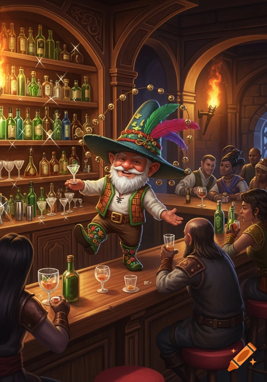 A jovial gnome barkeeper with a large feathered hat and boots dances on a bar, serving drinks to patrons in a cozy fantasy tavern.