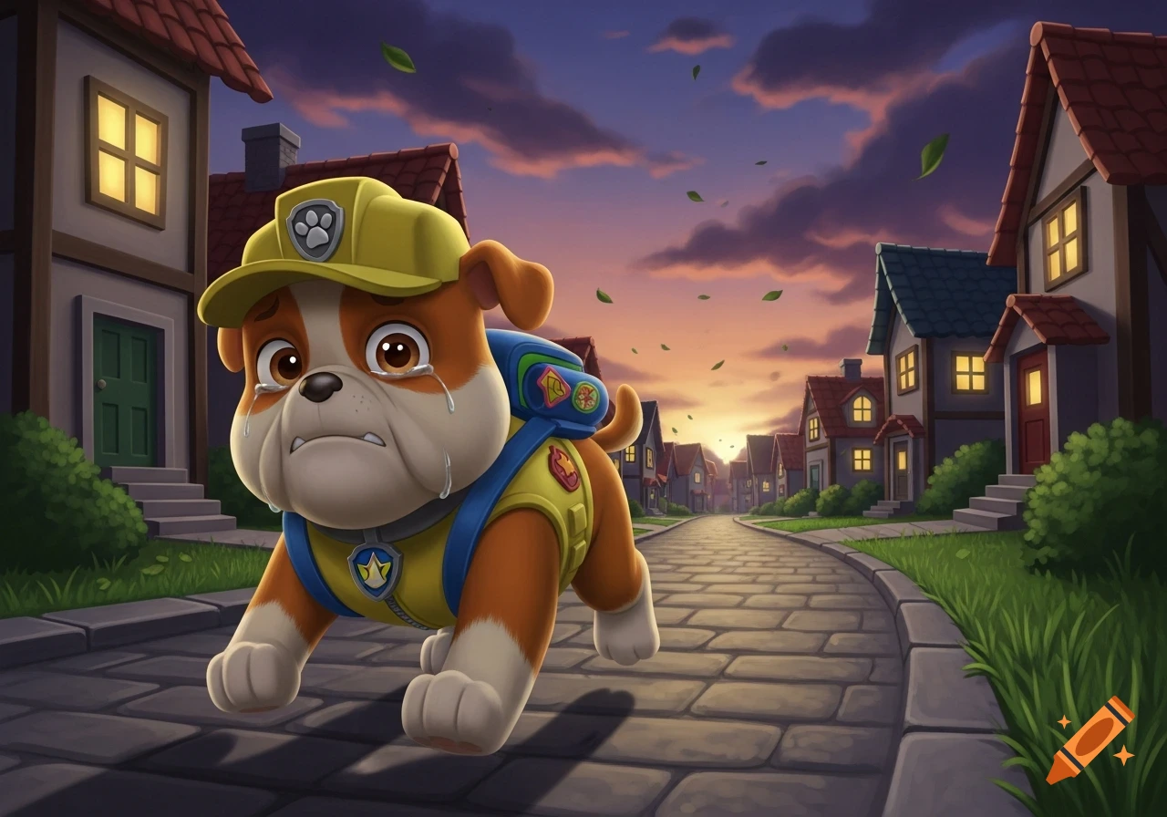 A sad cartoon bulldog, Rubble from Paw Patrol, cries as he walks down a street lined with houses at sunset, with leaves falling.