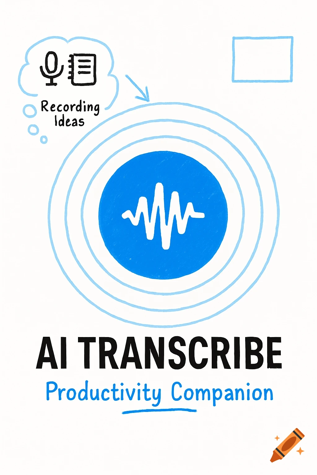 Hand-drawn diagram of AI Transcribe with a sound wave icon, microphone and notebook, and text 'AI TRANSCRIBE Productivity Companion'.