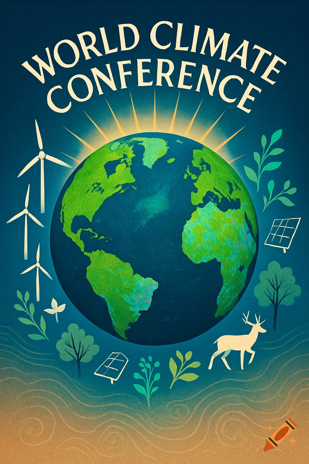 Stylized poster for a World Climate Conference featuring a globe, wind turbines, solar panels, trees, plants, and a deer.