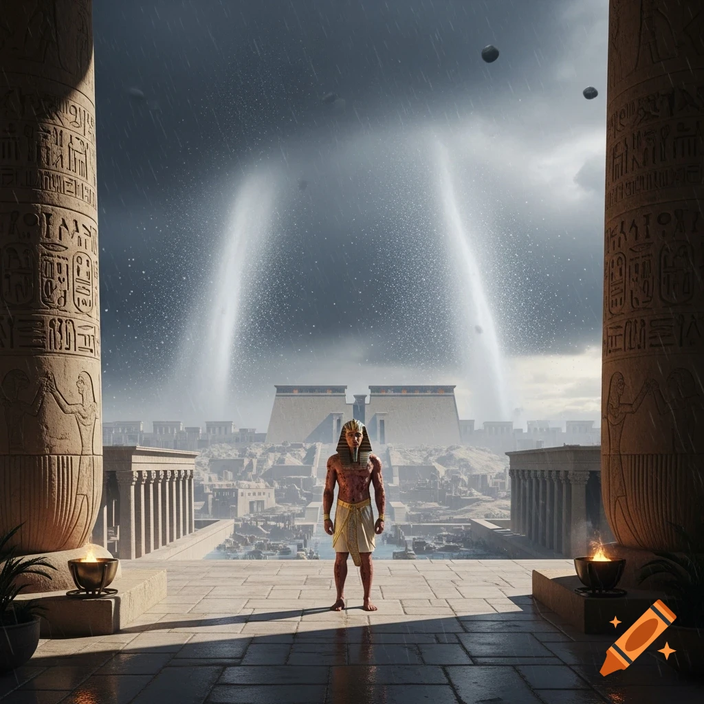 A pharaoh with boils stands on a palace terrace, looking over his ancient Egyptian city being destroyed by a dramatic hail storm.