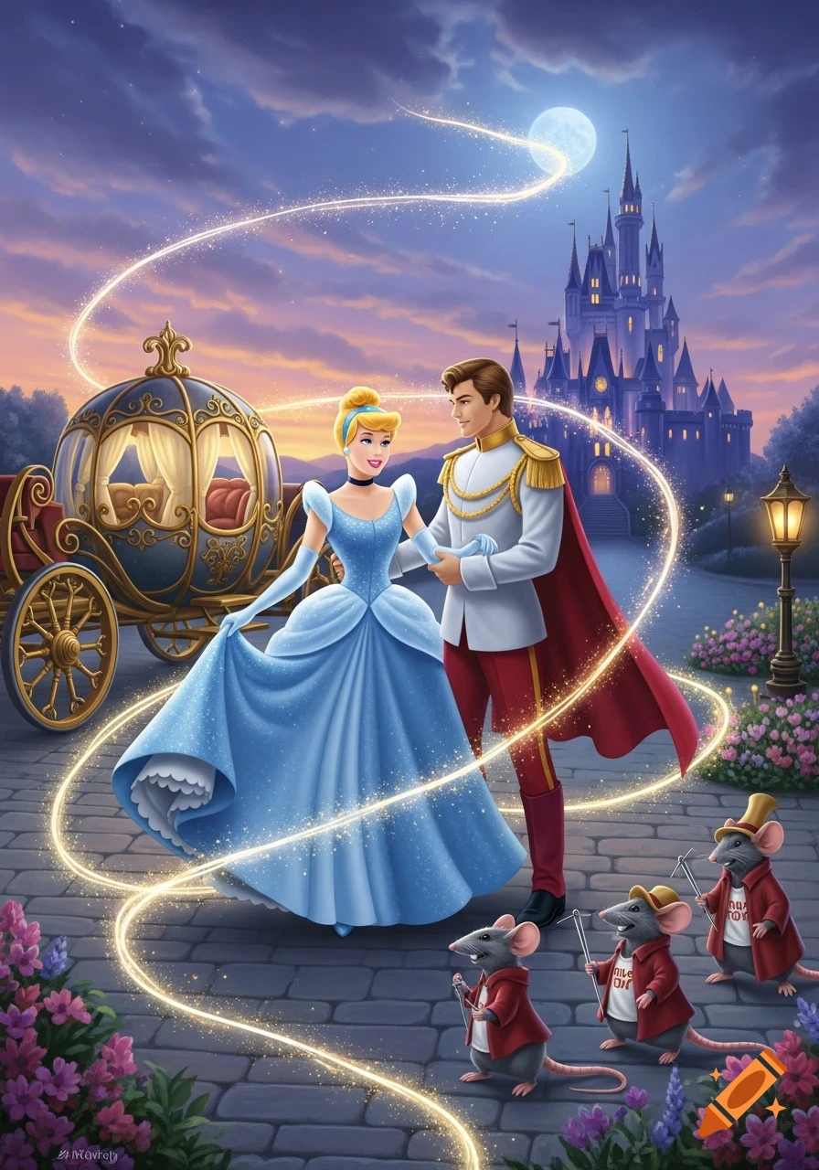 Cinderella and Prince Charming dance with magic trails, a carriage, castle, and three mice in a fairytale illustration.