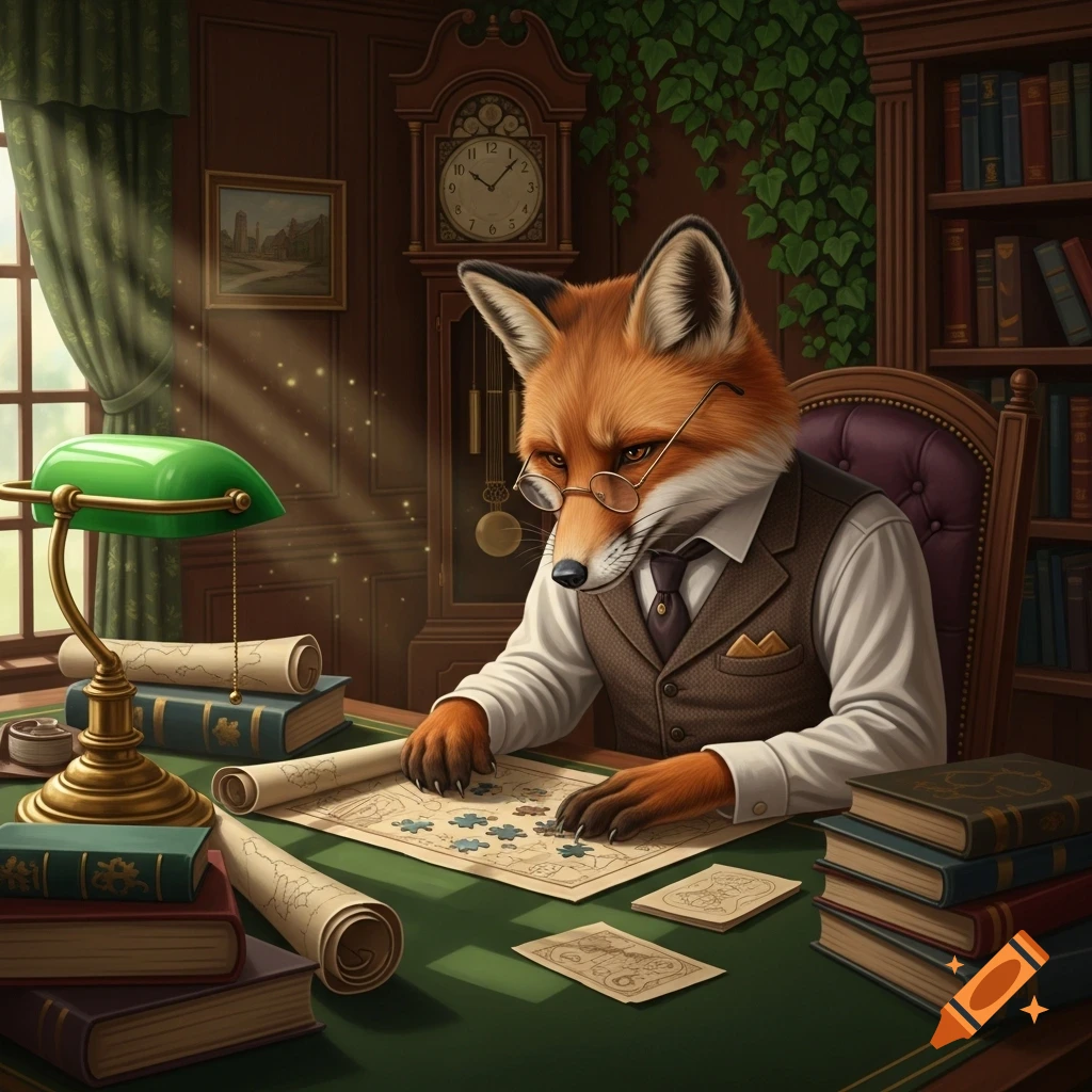 A detailed illustration of an anthropomorphic fox wearing glasses and a vest, focused on a map puzzle in a cozy study.