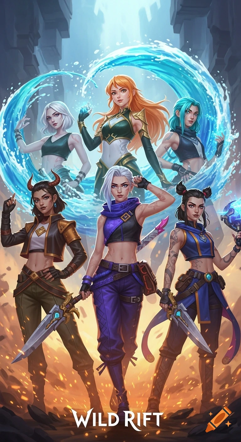 Six stylized female characters, some with swords and elemental powers, stand heroically against a dynamic background of water and fire with a game logo at the bottom.