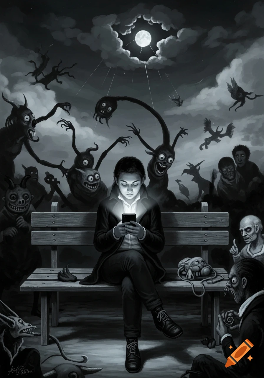 A person engrossed in a glowing phone sits on a bench, surrounded by grotesque shadowy monsters under a full moon, in a dark surreal style.