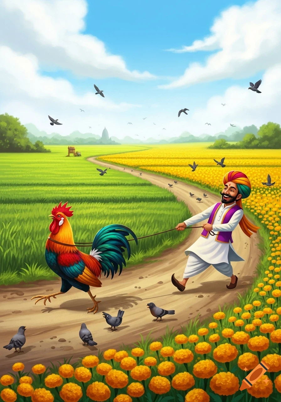 Cartoon man in Indian attire being pulled by a rooster on a leash down a path through fields of yellow flowers and green crops.