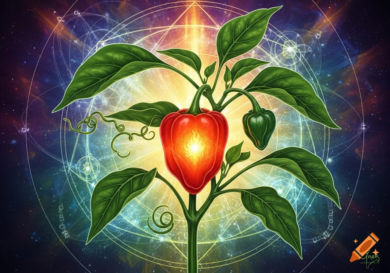 A vibrant, stylized habanero pepper plant with a glowing red pepper against a cosmic, geometric, psychedelic background.