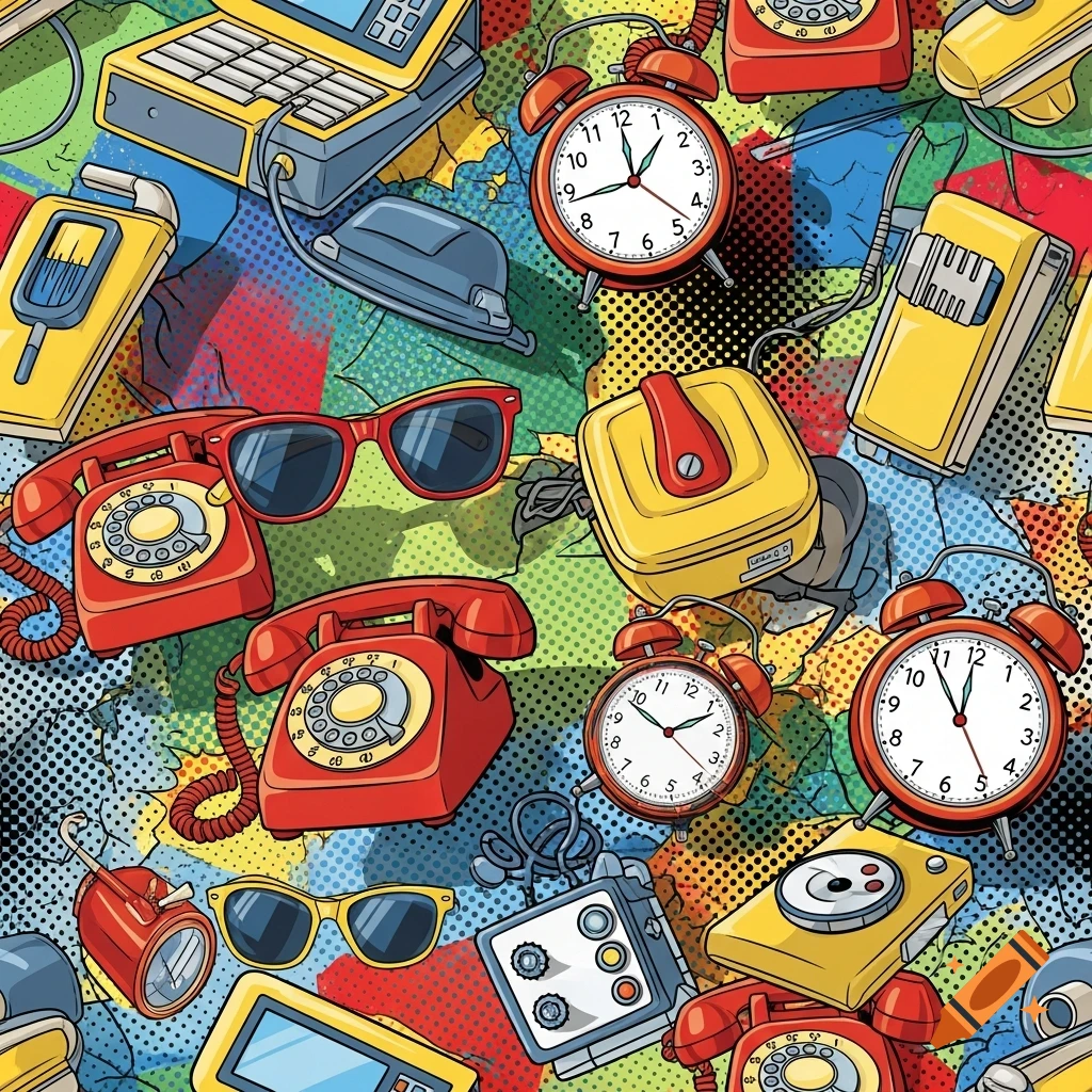 A vibrant pop art illustration showing a busy pattern of retro everyday objects like rotary phones, alarm clocks, and sunglasses on a colorful, distressed background.